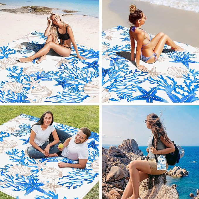 Beach Blanket Waterproof Sandproof, 110''×118'' Extra Large Blue Beach Mat for 1-8 Adults, Lightweight & Compact Sand Free Outdoor Beach Essentials for Picnic, Camping, Travel