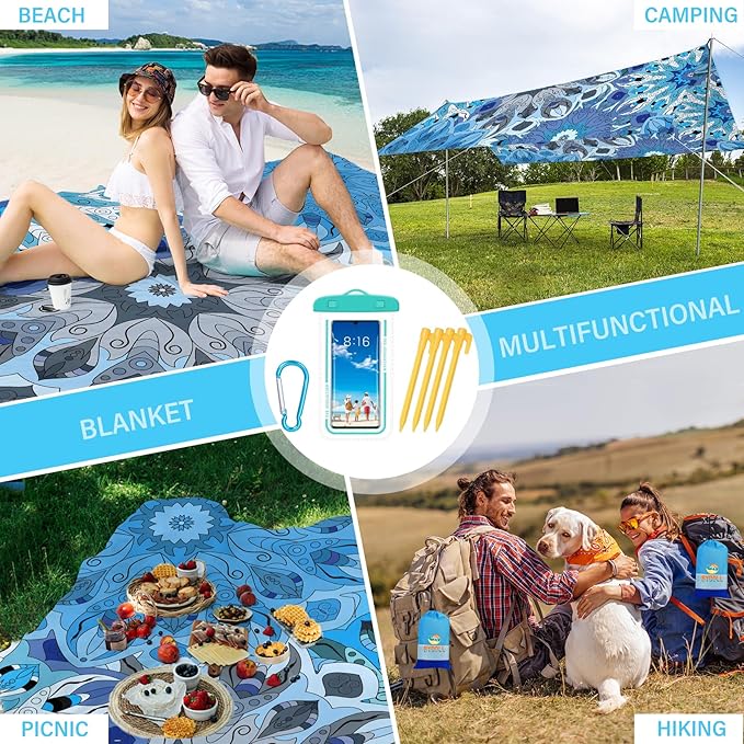 BYDOLL Beach Blanket Waterproof Sandproof 78''×110'' Suits1-7 Adults Compact Lightweight Oversized Sand-Free Blanket Large Picnic Mat for Beach Travel Camping Hiking