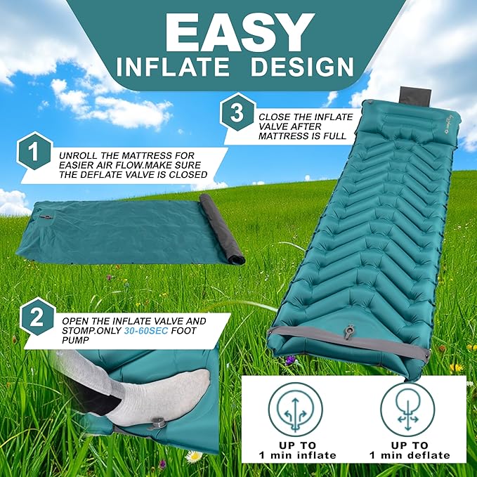 Sleeping Pad with Pillow, Self Inflating Extra-Thick, Ultralight Sleeping Mat, Built-in Pump, Ultimate for Camping, Hiking, Traveling, Airpad, Carry Bag, Compact & Lightweight Air Mattress (Peacock)