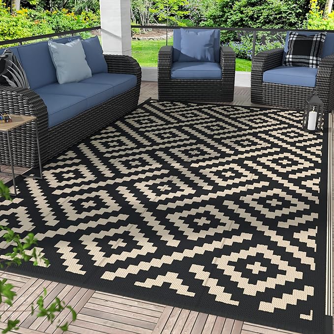 GENIMO Outdoor Rug for Patio Clearance,6'x9' Waterproof Mat,Reversible Plastic Camping Rugs,Rv,Deck,Porch,Camper,Balcony,Backyard (Black & Beige)