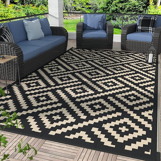 GENIMO Outdoor Rug for Patio Clearance,6'x9' Waterproof Mat,Reversible Plastic Camping Rugs,Rv,Deck,Porch,Camper,Balcony,Backyard (Black & Beige)
