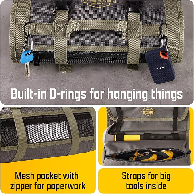 The Ryker PRO Official Roll Up Tool Bag Organizer Gifts for Dad. Motorcycle Tool Bag Organizer for Mechanic & Tools Storage Toolbag Tools Bags Mens gifts for him - w/4 Detachable Pouches & Wrench Roll