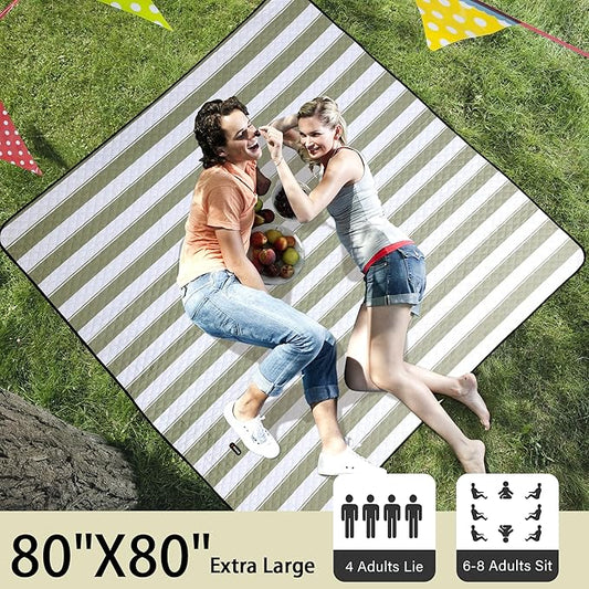 HX&OD Outdoor Picnic Blanket Extra Large, 80”x80” Waterproof Picnic Mat Foldable Camping Blanket Portable with Carry Strap for Beach Mat (Green)