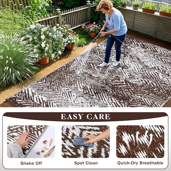 Outdoor Patio Rug 5x8 Brown, Waterproof Modern Reversible Outdoor Plastic Straw Rugs RV Camping Mat UV-Resistant Outside Carpet Portable Area Mats for Garden Balcony Deck Picnic Beach