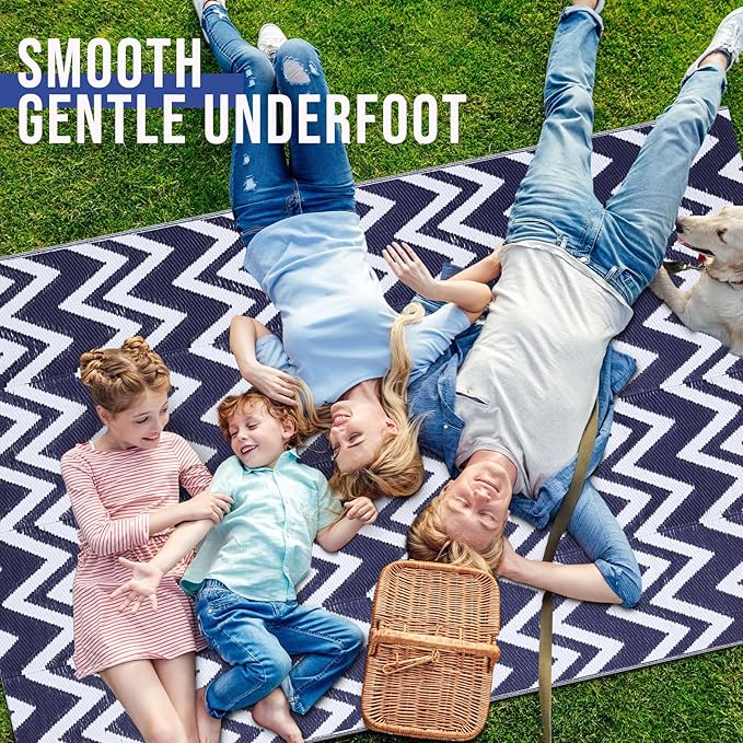 OLANLY Waterproof Outdoor Rug 5x8 ft Clearance, Reversible Outdoor Plastic Straw Rug, RV Mat, Indoor Outdoor Carpet for Patio, Camping, Balcony, Deck, Backyard, Navy & White