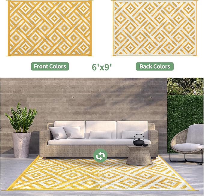 GENIMO Outdoor Rug for Patio Clearance, 6'x9' Reversible Plastic Straw Rugs, Lightweight Waterproof RV Camping Mat for Camper, Balcony, Deck, Backyard, Picnic, Yellow & Beigewhite