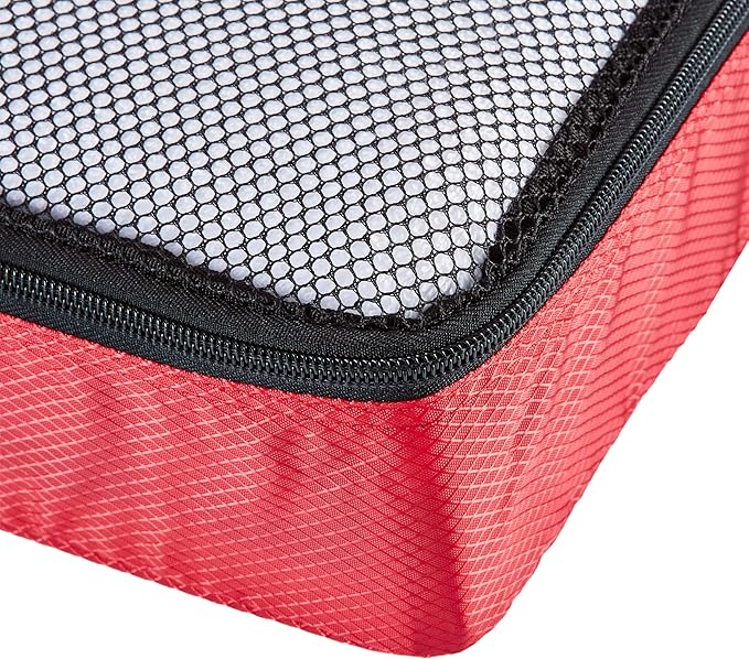 Amazon Basics Slim Packing Cubes for Travel, Packing Organizers, 4-Piece-Set With Double Zipper Pulls and Mesh Top Panel, 100% Durable Polyester, Red, 14"L x 5"W x 3"H