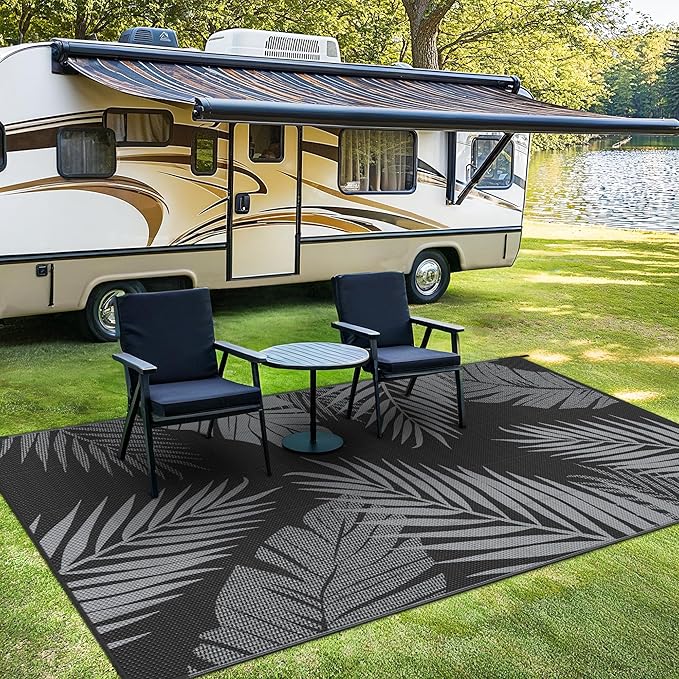 Outdoor Rug 5' x 8' for Patio Waterproof Clearance, Reversible Indoor Outdoor Plastic Straw Camping Rug Carpet, RV Mat, Large Area Rug for Deck, Backyard, Balcony, Porch, Beach, Black and Grey