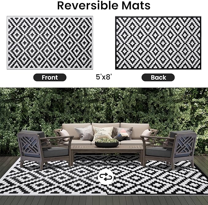 Smiry Waterproof Outdoor Rug 5x8 ft, Reversible Plastic Straw Patio Camping Rugs, Outdoor Indoor RV Mat Carpet for Patio, Outside Entry, Backyard, Deck, Bench, Picnic, Camper, Black & White