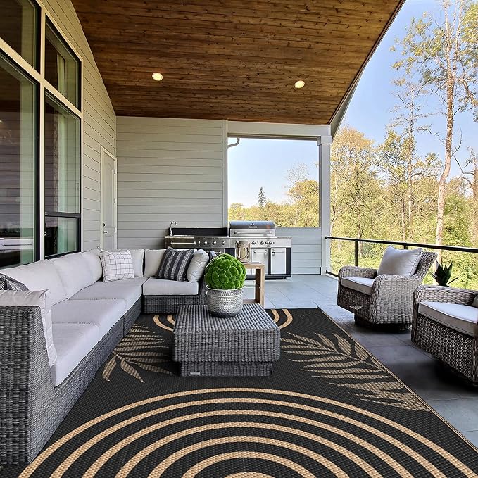 GENIMO Outdoor Rug 5' x 8' Waterproof for Patios Clearance, Reversible Outdoor Plastic Straw Camping Rug Carpet, Large Area Rugs Mats for RV, Camper, Deck, Balcony, Porch, Beach, Picnic, Black&Brown