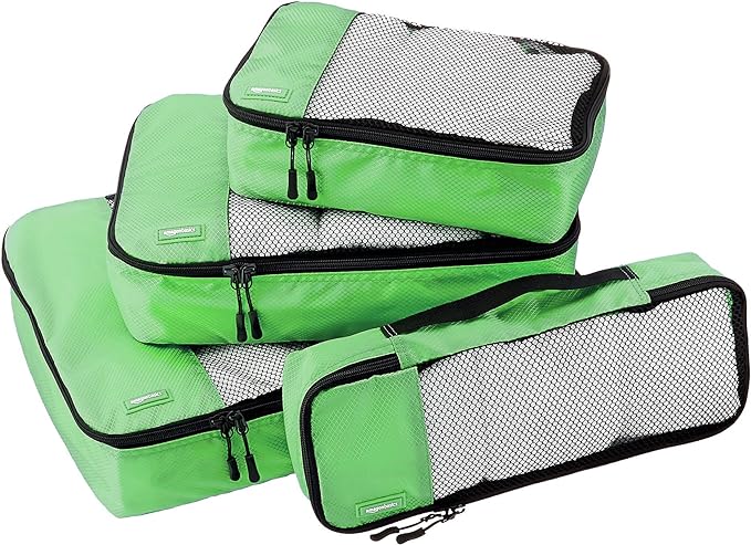 Amazon Basics Packing Cubes for Travel, Packing Organizers Set, 4-Piece-Set (Slim, Small, Medium, Large) With Double Zipper Pulls and Mesh Top Panel, 100% Durable Polyester, Green