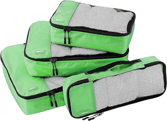 Amazon Basics Packing Cubes for Travel, Packing Organizers Set, 4-Piece-Set (Slim, Small, Medium, Large) With Double Zipper Pulls and Mesh Top Panel, 100% Durable Polyester, Green