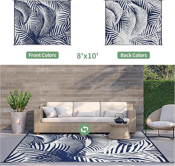 GENIMO Outdoor Rug 8' x 10' Waterproof for Patio Clearance, Reversible Plastic Straw Camping Carpet, Lightweight Mats for Rv, Backyard, Deck, Porch, Picnic, Beach, Balcony, Blue & White