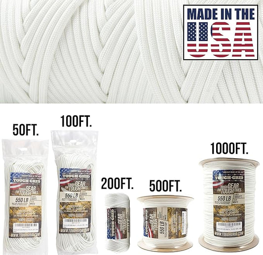 TOUGH-GRID Premium White Paracord 550 lbs Made in USA Outdoor Survival Nylon Rope Tactical Heavy Duty Strands Parachute Cord Used by US Military Type III Mil-Spec