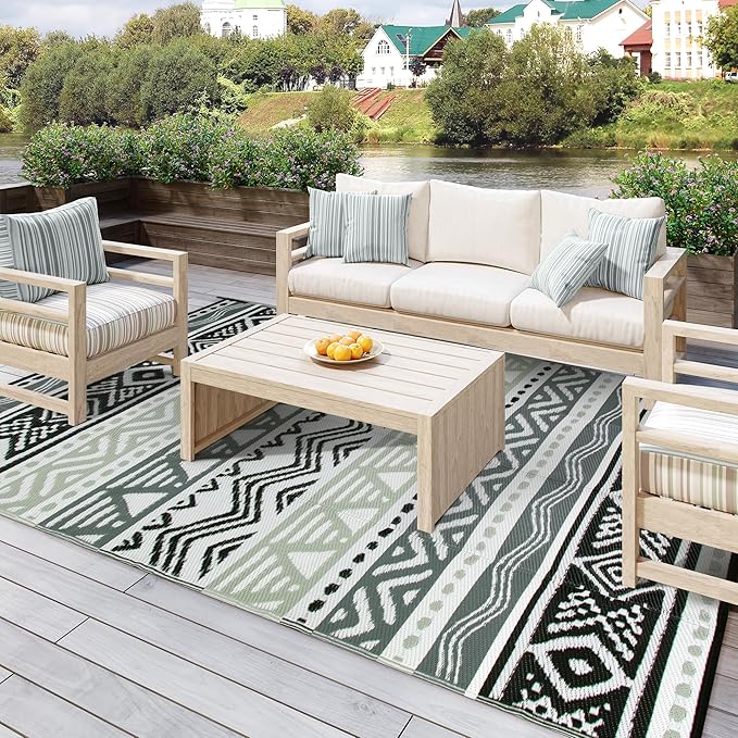 Lahome Outdoor Rug Waterproof, 5x8ft Reversible Outdoor Plastic Straw Rug for Camping, RV Patio Rugs Outside Carpet for Porch Deck Backyard Balcony Picnic(Grey/Black,5'x 8')