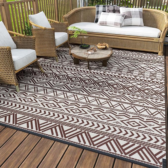 MontVoo-Outdoor Rug Carpet Waterproof 6x9 ft Reversible Patio Rug RV Camping Rug-Plastic Straw Rug Outside Indoor Outdoor Area Rug for Patio Deck Balcony Picnic Beach Outdoor Decor Boho Beige Brown