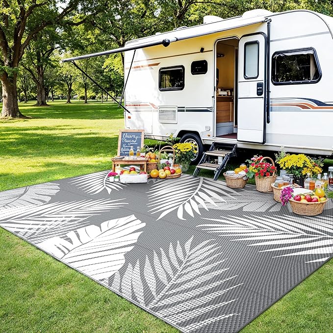 Outdoor Rug 6' x 9' for Patio Waterproof Clearance, Reversible Indoor Outdoor Plastic Straw Camping Rug Carpet, RV Mat, Large Area Rug for Deck, Backyard, Balcony, Porch, Beach, Grey and White