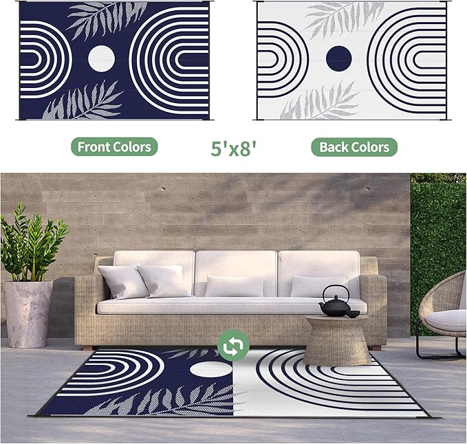 GENIMO Outdoor Rug 5' x 8' Waterproof for Patio Clearance, Reversible Plastic Straw Camping Carpet, Lightweight Rugs Mats for Rv, Backyard, Deck, Porch, Picnic, Balcony, Mix-Blue & White