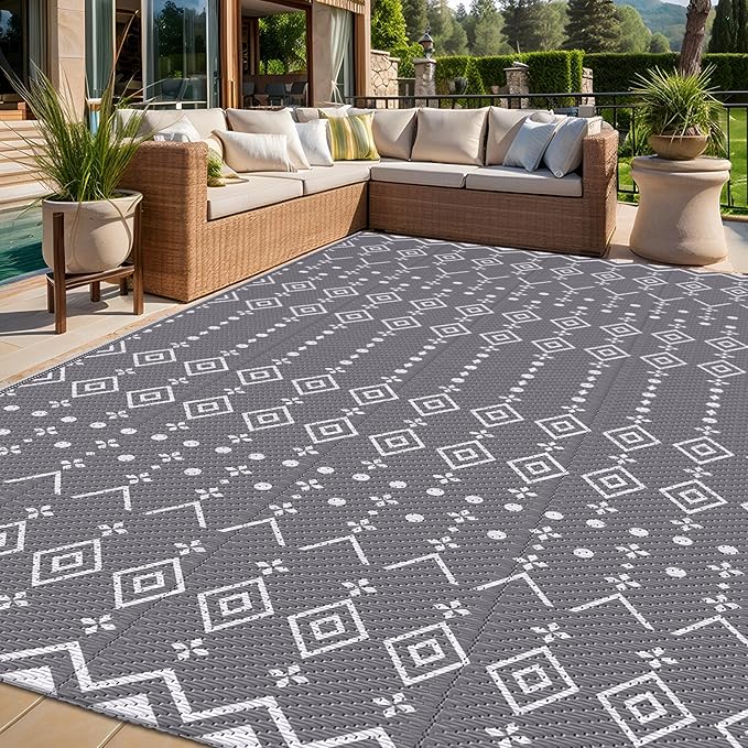 StepRite 6’ x 9’ Reversible Outdoor Rug, Waterproof Plastic Straw Rug, Patio Rug, Large Modern Area Rug Carpet, Indoor Outdoor Rugs for Camping, Porch, Deck, Balcony, Backyard, RV, Picnic(Grey)