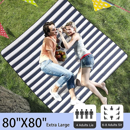HX&OD Outdoor Picnic Blanket Extra Large, 80”x80” Waterproof Picnic Mat Foldable Camping Blanket Portable with Carry Strap for Beach Mat (Bule)