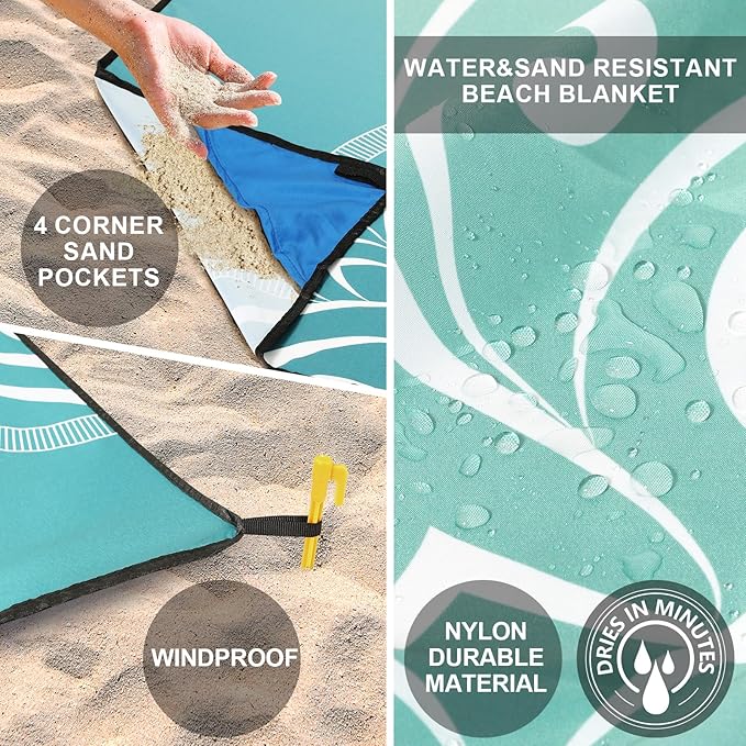 Beach Blanket, Wateresistant Sandproof Sand Free Beach Mat with Corner Pockets Portable Bag for Beach Festival,Picnic,Travel and Outdoor Camping Activties (Mandarin-Green,79"×83"(4 Person))