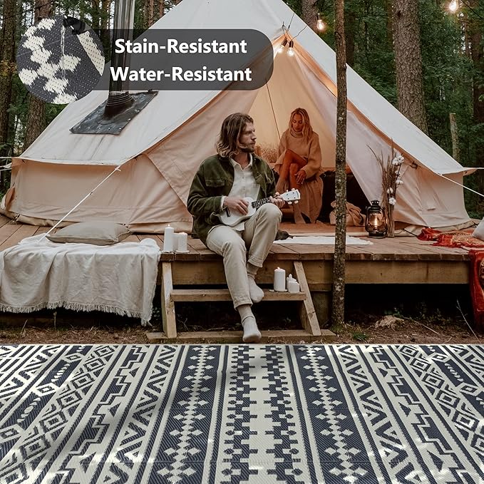 RV Outdoor Rug Waterproof Mat Outdoor Rugs 6'x9' for Patios Clearance Carpet Outdoor Camping Rugs Large Plastic Straw Rug (Geometric Boho Grey&White)