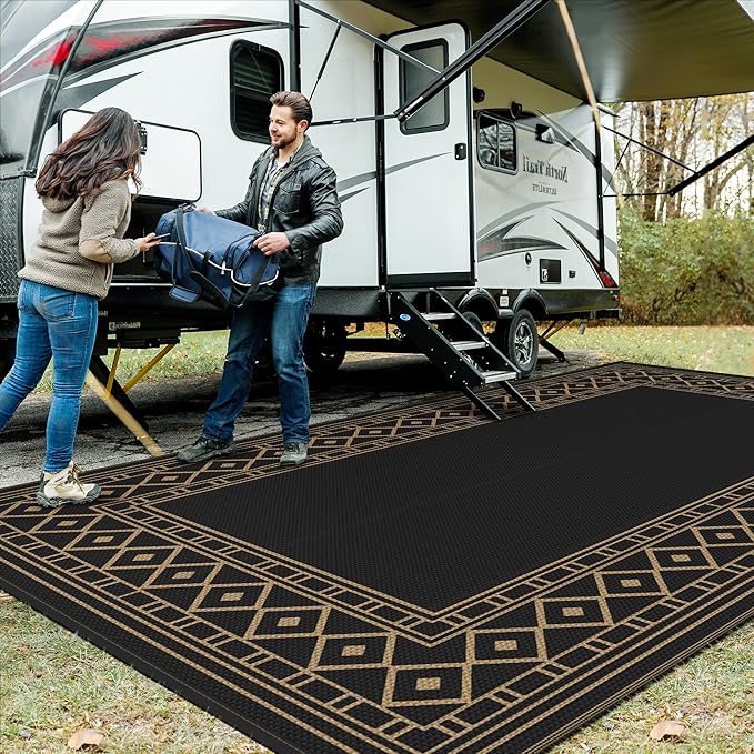 GENIMO Outdoor Rug Waterproof 10'x14' for Patio, Foldable Reversible Plastic Straw Carpet for Travel Trailers, Outside Area Mat for Rv, Deck, Picnic, Porch, Camper, Balcony, Beach, Black & Brown