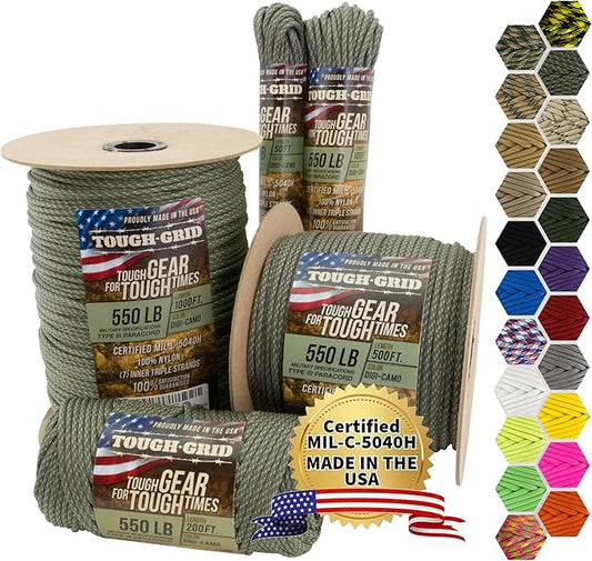 TOUGH-GRID Premium 550lb Paracord Rope - 50ft - Digi-Camo - 100% Nylon Type III Mil-Spec - UV & Abrasion Resistant - Heavy Duty Strands - Outdoor Survival Rope - Used by US Military - Made in USA