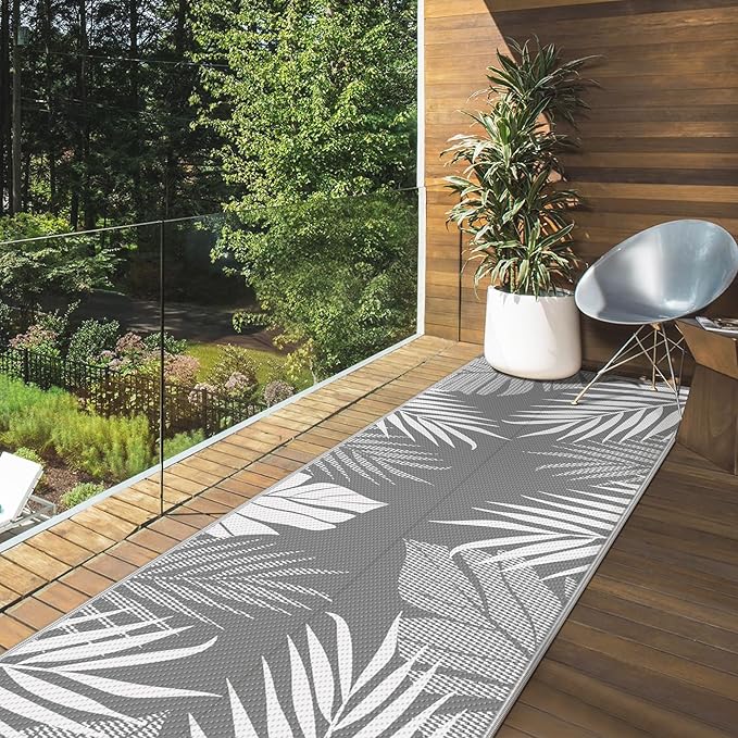 GENIMO Outdoor Rug 2.5' x 8' Waterproof for Patios Clearance, Reversible Outdoor Plastic Straw Hallway Runner Rug Carpet, Entryway Rugs Mats for Deck, Porch, Balcony, Camping, RV, Camper, Grey&White