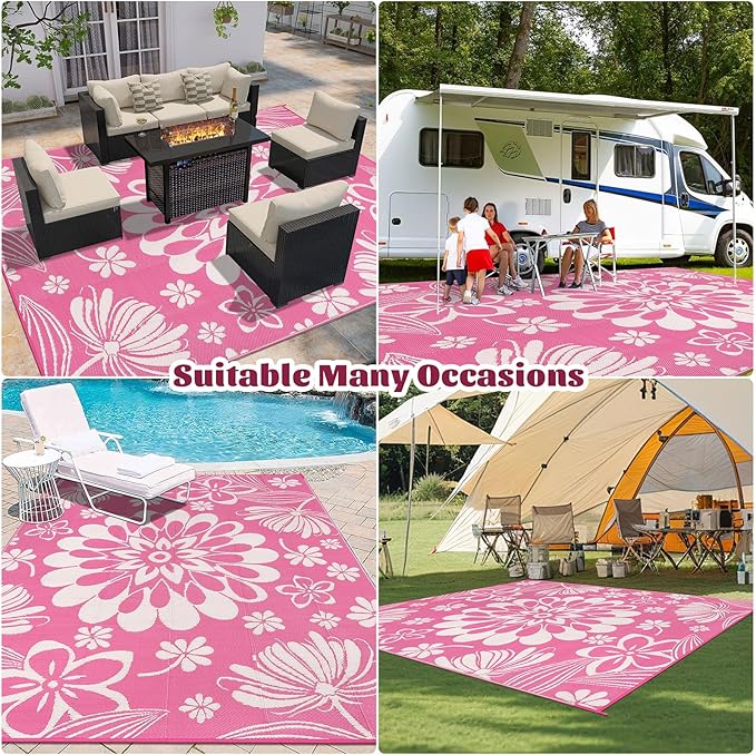 Ileading Outdoor Plastic Straw Rug 9x12ft Funny Floral Style Reversible Patio Area Rugs Waterproof Non Shedding Portable Carpets Large RV Rugs for Outside Deck Pool Beach Picnic Camping (Pink)