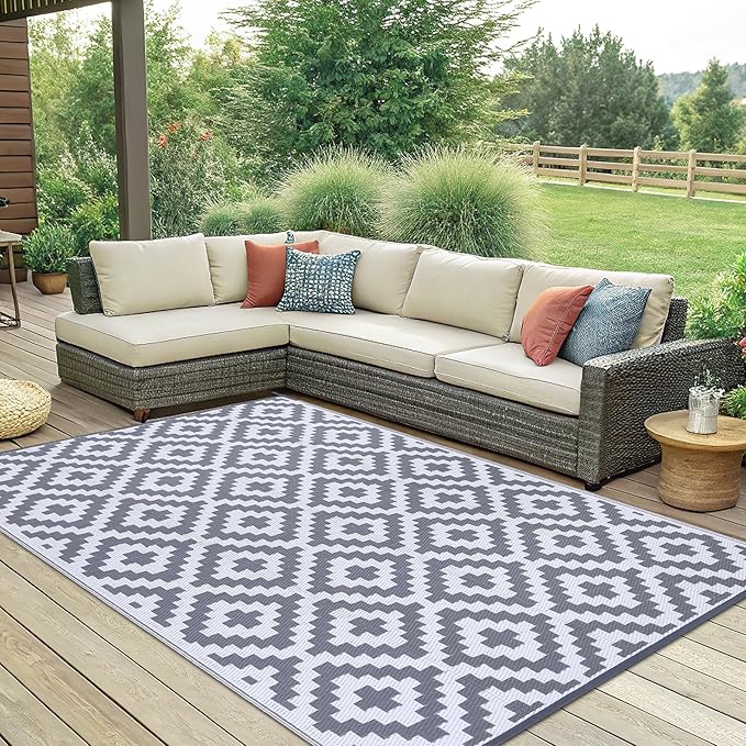 Smiry Waterproof Outdoor Rug 6x9 ft, Reversible Plastic Straw Patio Camping Rugs, Outdoor Indoor RV Mat Carpet for Patio, Outside Entry, Backyard, Deck, Bench, Picnic, Camper, White & Grey
