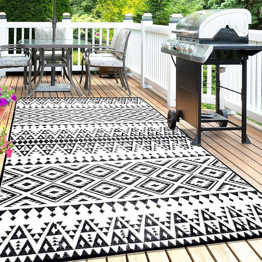 Outdoor Rug Mat for Patio, 8x10ft Waterproof Reversible Plastic Straw Rugs, Camping Carpet Area Mats for RV, Porch, Deck, Backyard, Balcony, Camper, Trailer, Black & White