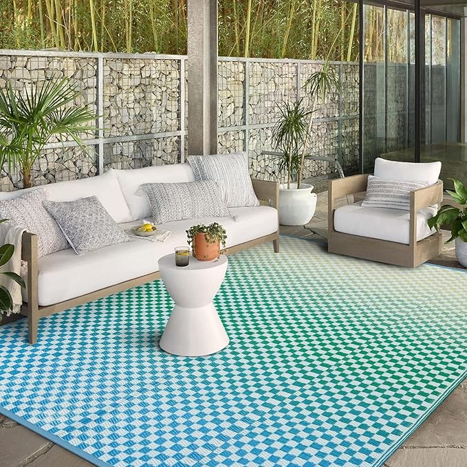 Wonnitar Waterproof 9x12 Outdoor Rug - Blue Yellow Gradient Geometric Patio Rug, Extra Large Plastic Straw Carpet for Balcony Beach Garden Deck, Reversible Outdoor RV Camping Mat