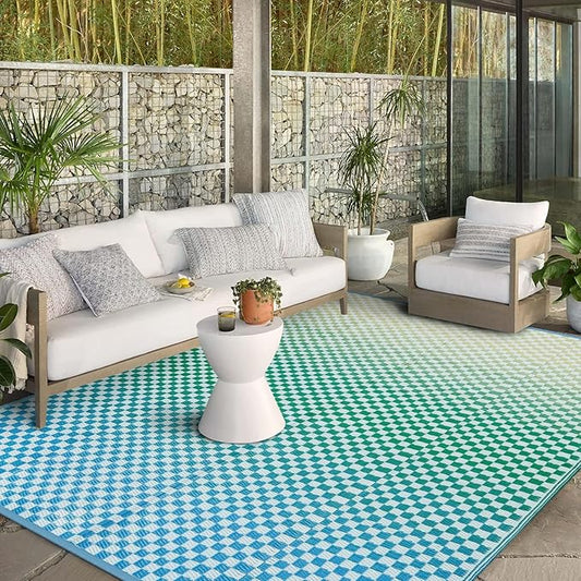 Wonnitar Waterproof 9x12 Outdoor Rug - Blue Yellow Gradient Geometric Patio Rug, Extra Large Plastic Straw Carpet for Balcony Beach Garden Deck, Reversible Outdoor RV Camping Mat