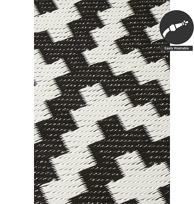 FH Home Outdoor Rug - Waterproof, Fade Resistant, Reversible - Premium Recycled Plastic - Geometric - Large Patio, Deck, Sunroom, Camping, RV - Aztec - Black & White Crease Free - 6 x 9 ft
