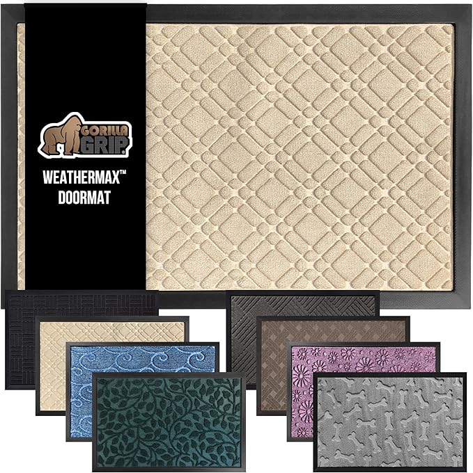 GORILLA GRIP 100% Waterproof All-Season WeatherMax Doormat, 47x35, Durable Natural Rubber, Stain and Fade Resistant, Low Profile, Indoor Outdoor Door Mats, Easy Clean Patio Entrance Mat, Modern Latte