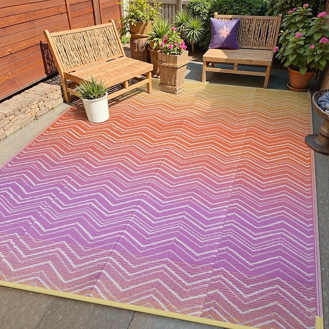 Lahome Colorful Outdoor Plastic Straw Rug, Reversible Outdoor Area Rug Waterproof 6x9 Patio Rugs, Camping Rugs for RV Backyard Deck Porch Picnic Beach Trailer (Orange/Purple, 6' x 9')