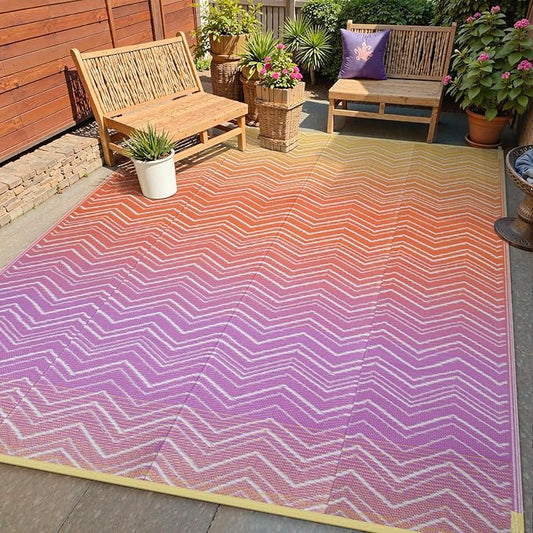 Lahome Colorful Outdoor Plastic Straw Rug, Reversible Outdoor Area Rug Waterproof 6x9 Patio Rugs, Camping Rugs for RV Backyard Deck Porch Picnic Beach Trailer (Orange/Purple, 6' x 9')