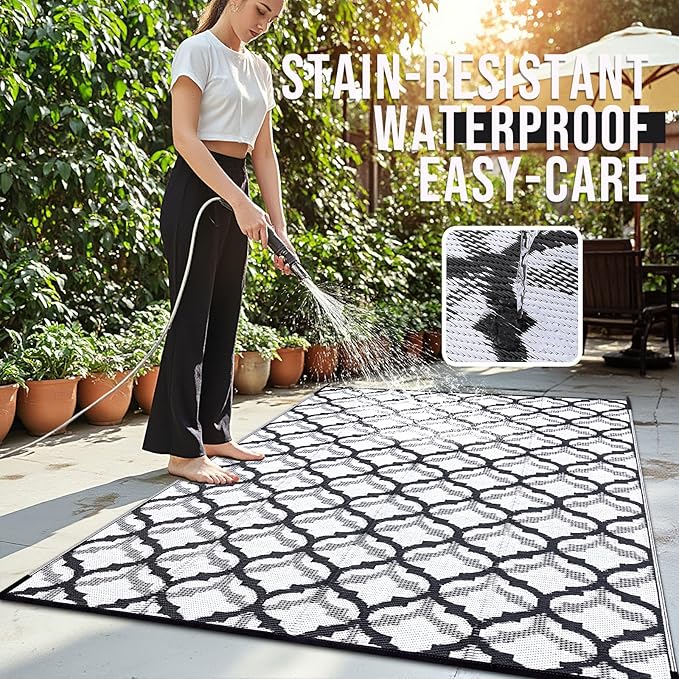 OLANLY Reversible Outdoor Rug 6x9 ft Clearance, Waterproof Outdoor Plastic Straw Rug with Interlacing Pattern, RV Mat for Patio, Camping, Balcony, Deck, Backyard, Black & White