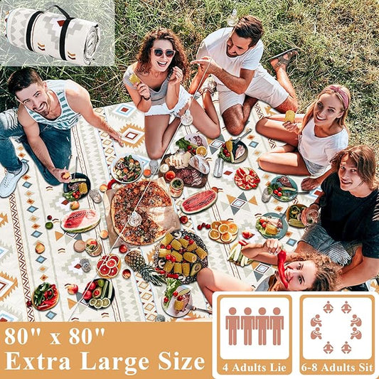 HiiARug Picnic Blankets Extra Large Picnic Outdoor Blanket 80"x80" Waterproof Foldable Outdoor Rug Boho Beach Blanket Sandproof Camping Mat Picnic Mat for Beach, Camping Grass Lawn Park Accessories