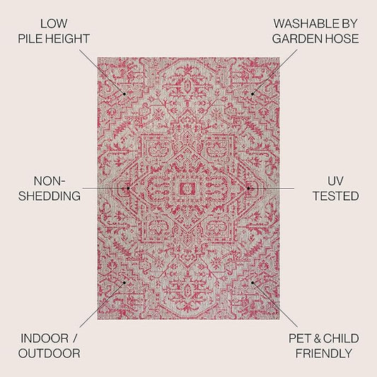 JONATHAN Y SMB105F-4 Estrella Bohemian Medallion Textured Weave Indoor Outdoor Area-Rug, Coastal Traditional Easy-Cleaning,Bedroom,Kitchen,Backyard,Patio,Non Shedding, 4 X 6, Light Gray/Fuchsia
