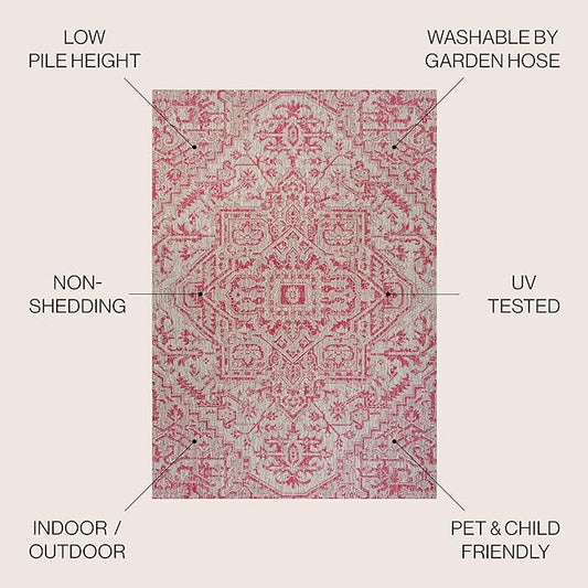 JONATHAN Y SMB105F-5SQ Estrella Bohemian Medallion Textured Weave Indoor Outdoor Area Rug, Coastal Traditional,Bedroom,Kitchen,Backyard,Patio, Light Gray/Fuchsia, 5' Square