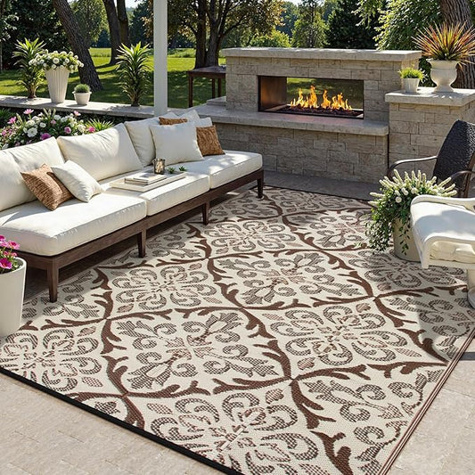 Lahome Outdoor Area Rugs 8x10 Patio Waterproof, Reversible Plastic Straw Rv Outdoor Rugs for Camping, Large Indoor Outdoor Carpet for Porch Deck Backyard Camper Picnic, Khaki 8'x10'