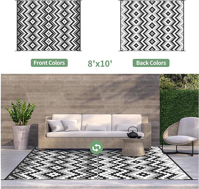 GENIMO Outdoor Rug Waterproof 8x10 ft, Lightweight Plastic Straw Rugs, Outside Reversible Large Mat Carpet for Patio, Camping, RV, Deck, Balcony, Porch, Backyard, Black & White