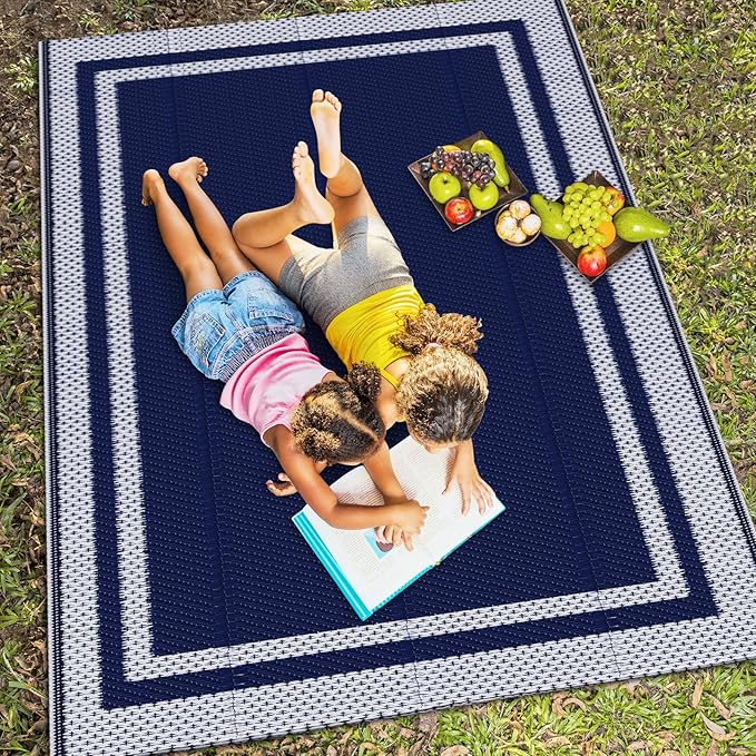 HappyTrends Outdoor Rug Reversible Portable Plastic Straw Camping Rugs for Outside RV,Large Waterproof Outdoor Area Rugs for Patio,Deck,Porch,Balcony (5'x 8',White&Blue)