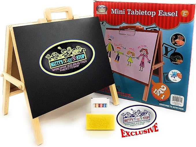 Matty's Toy Stop 2-in-1 Mini Wooden Tabletop Easel with Blackboard, Paper Clip & Accessories