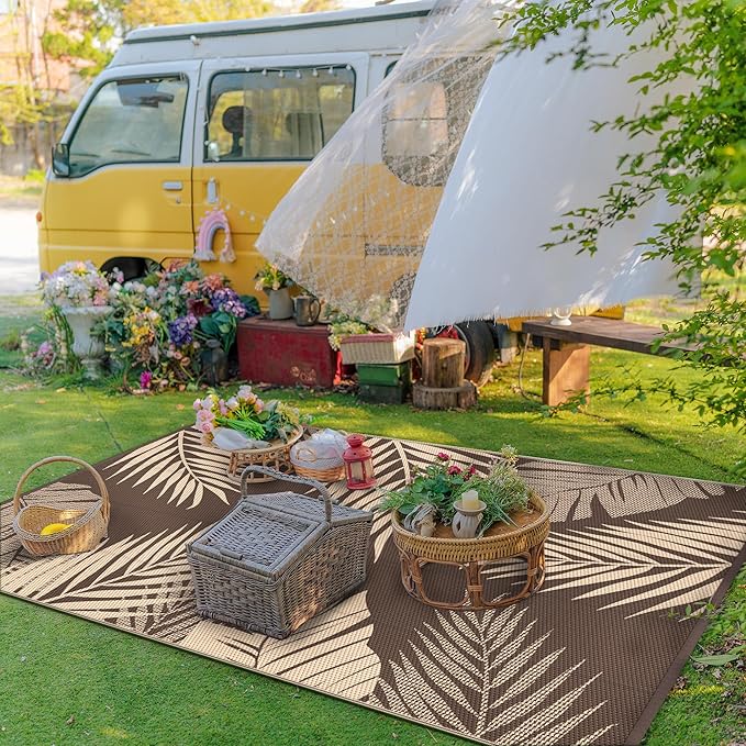 GENIMO Outdoor Rug 9' x 12' Waterproof for Patios Clearance, Reversible Outdoor Plastic Straw Camping Rug Carpet, Large Area Rugs Mats for RV, Camper, Deck, Balcony, Porch, Beach, Picnic, Coffee&Beige