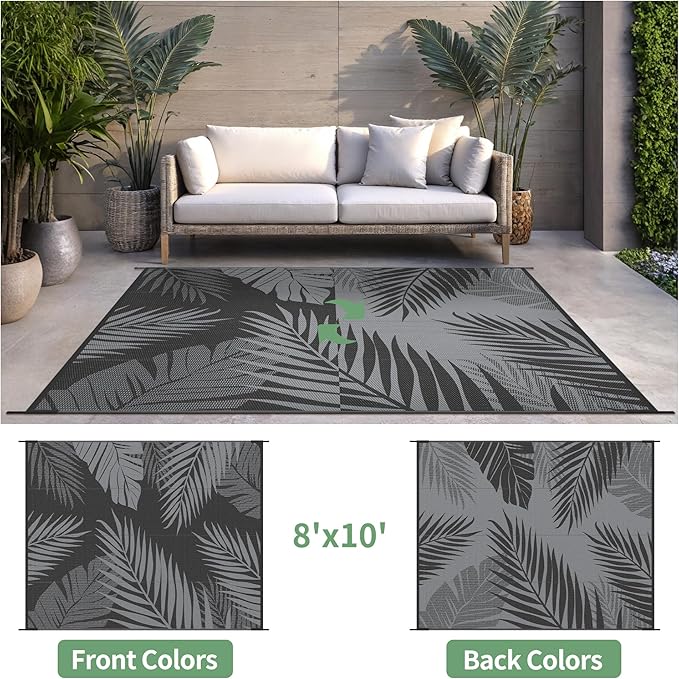 Outdoor Rug 8' x 10' for Patio Waterproof Clearance, Reversible Indoor Outdoor Plastic Straw Camping Rug Carpet, RV Mat, Large Area Rug for Deck, Backyard, Balcony, Porch, Beach, Black and Grey