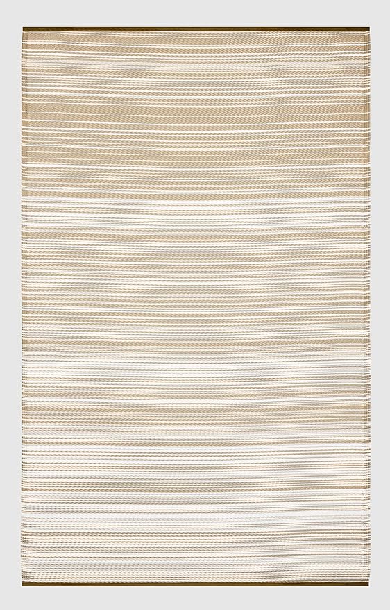 FH Home Outdoor Rug - Waterproof, Fade Resistant, Reversible - Premium Recycled Plastic - Striped - Patio, Deck, Porch, Balcony - Havana - Beige Crease Free - 5 x 8 ft