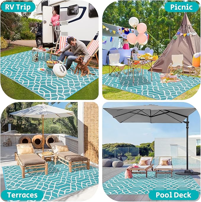 HEBE Outdoor Rug 9'x12' for Patios Waterproof Clearance Reversible Patio Mat Plastic Straw Rug RV Camping Mat Outside Area Rug Carpet for Camping RV,Porch,Deck,Balcony,Camper,Backyard